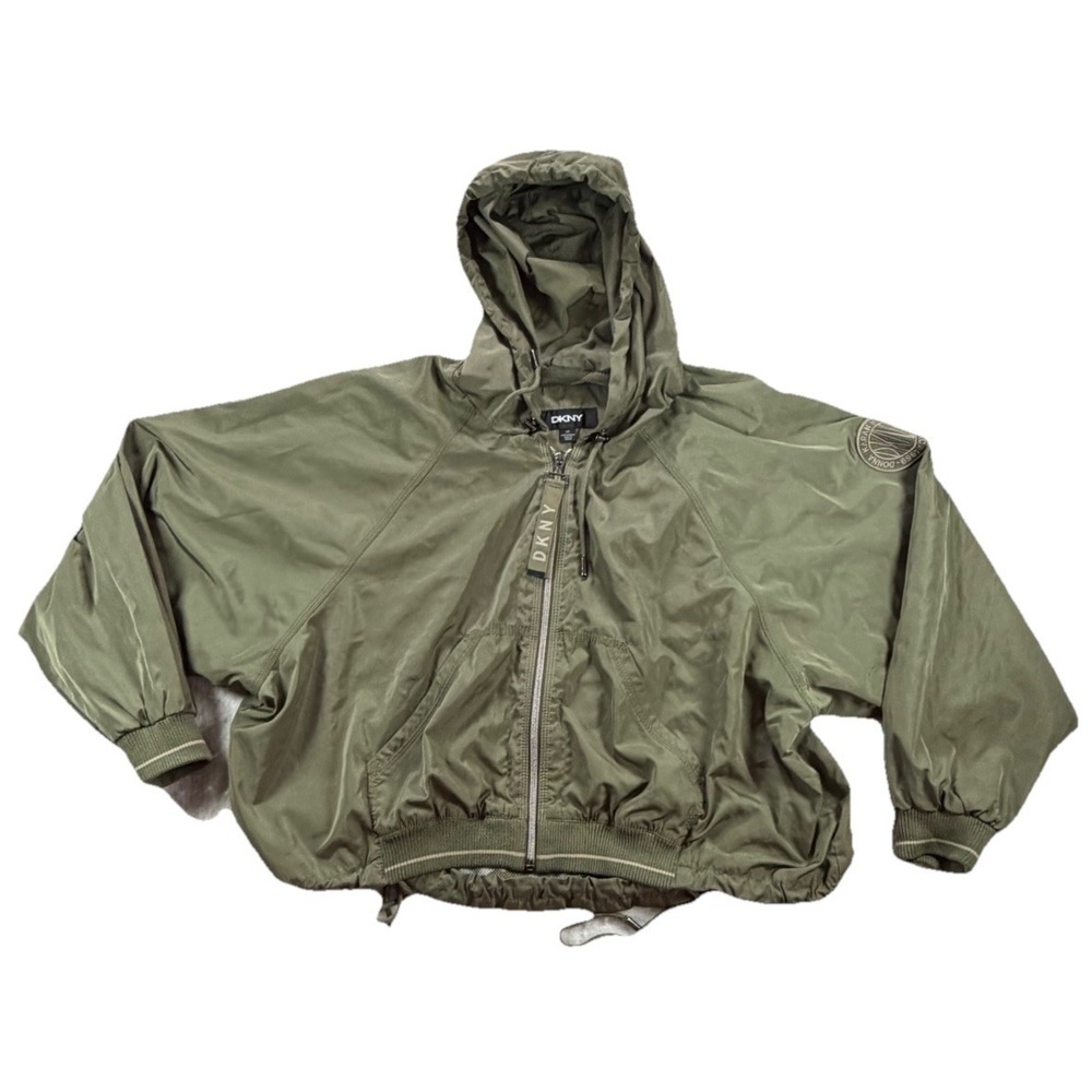 DKNY  Jacket Women's Large Olive Green Hooded Drawstring Zip Up Long Sleeves